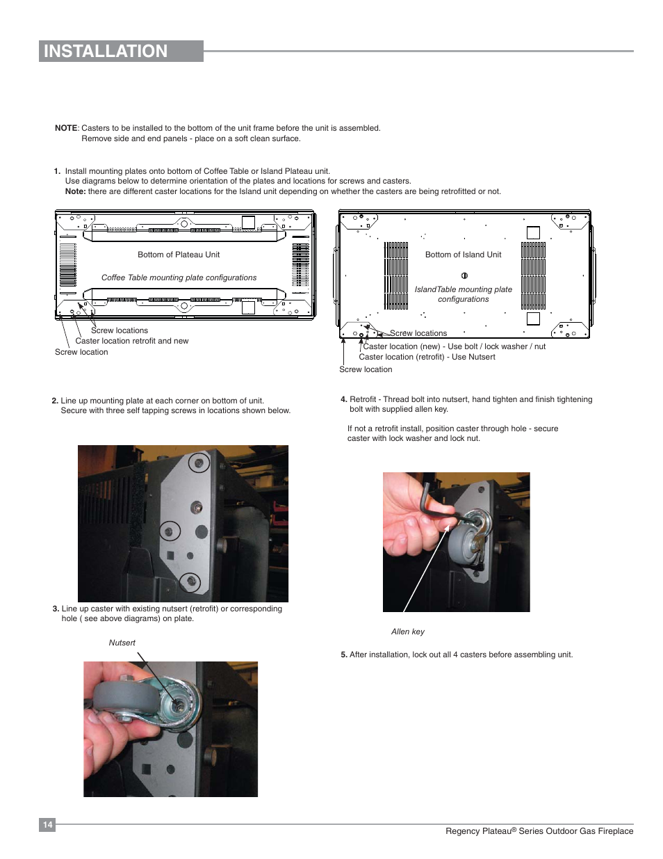 Installation, Caster installation | Regency Plateau PTO30IST Outdoor Gas Firetable User Manual | Page 14 / 40