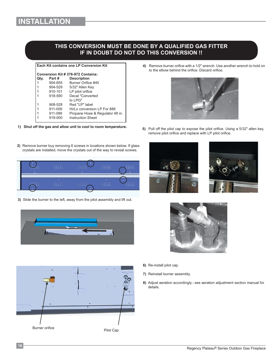 Installation, Conversion from ng to lp | Regency Plateau PTO30IST Outdoor Gas Firetable User Manual | Page 16 / 40