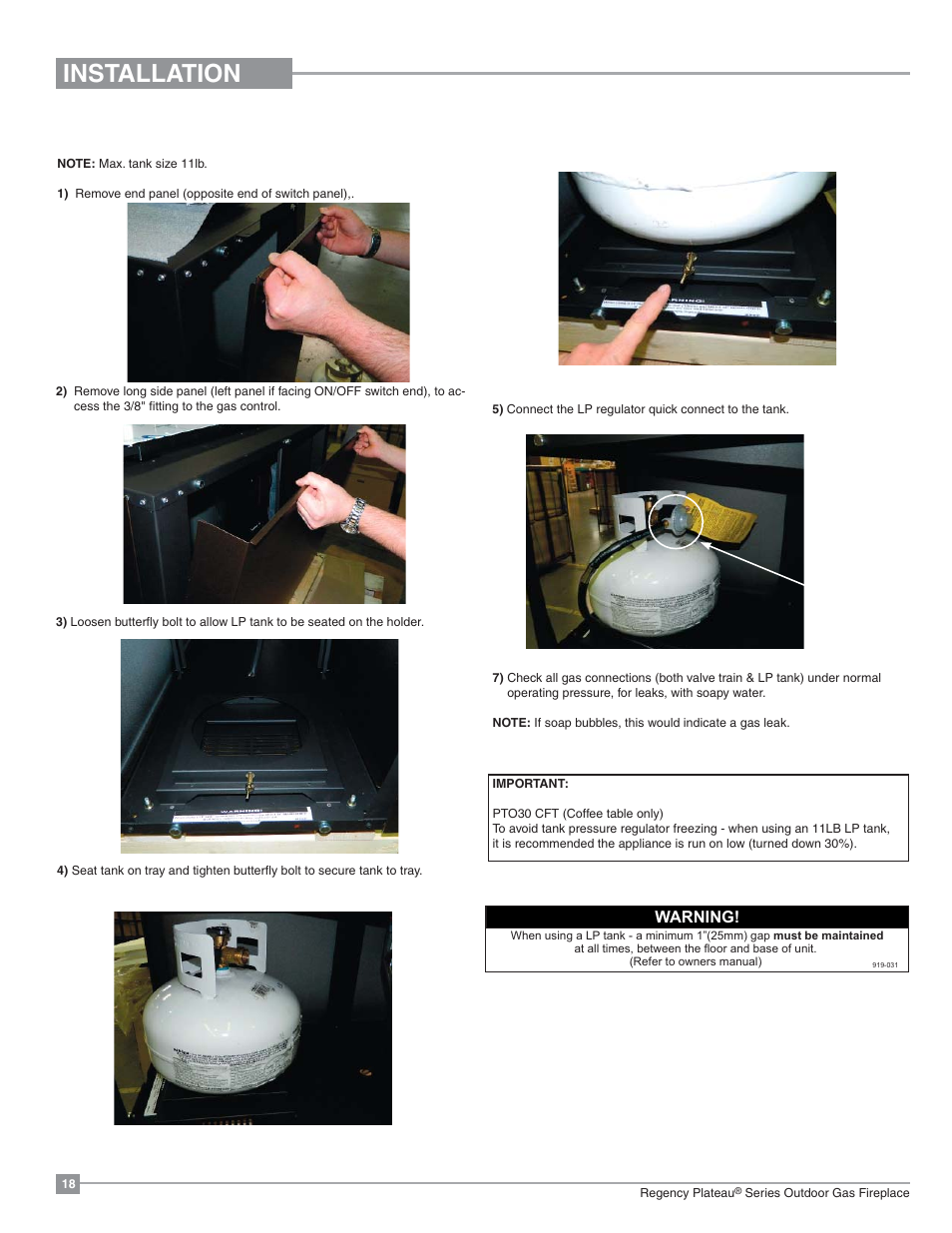Installation, Lp tank installation - pto30cft only, Warning | Regency Plateau PTO30IST Outdoor Gas Firetable User Manual | Page 18 / 40