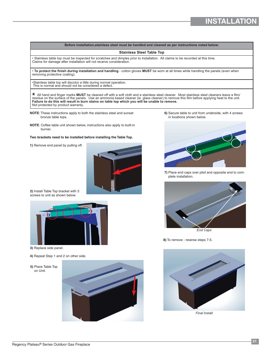 Installation, Table top installation - coffee table unit | Regency Plateau PTO30IST Outdoor Gas Firetable User Manual | Page 21 / 40