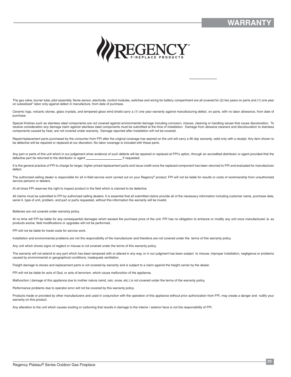 Warranty | Regency Plateau PTO30IST Outdoor Gas Firetable User Manual | Page 39 / 40