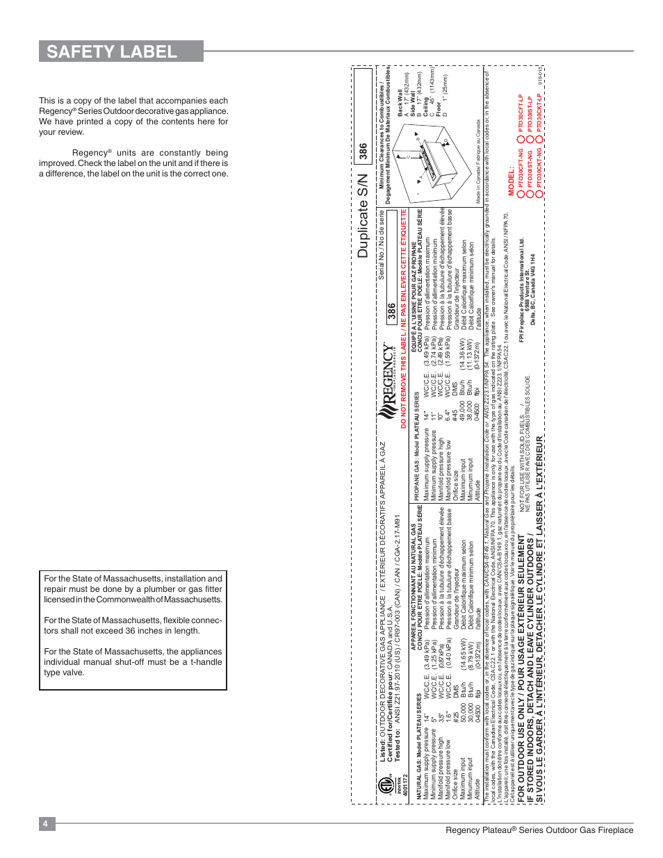 Safety label, Duplicate s/n, Copy of safety decal | Regency Plateau PTO30IST Outdoor Gas Firetable User Manual | Page 4 / 40