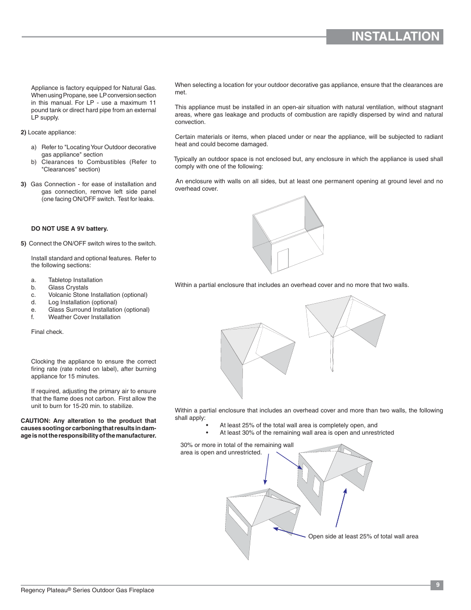 Installation, Installation checklist, Locating your outdoor decorative gas appliance | Regency Plateau PTO30IST Outdoor Gas Firetable User Manual | Page 9 / 40