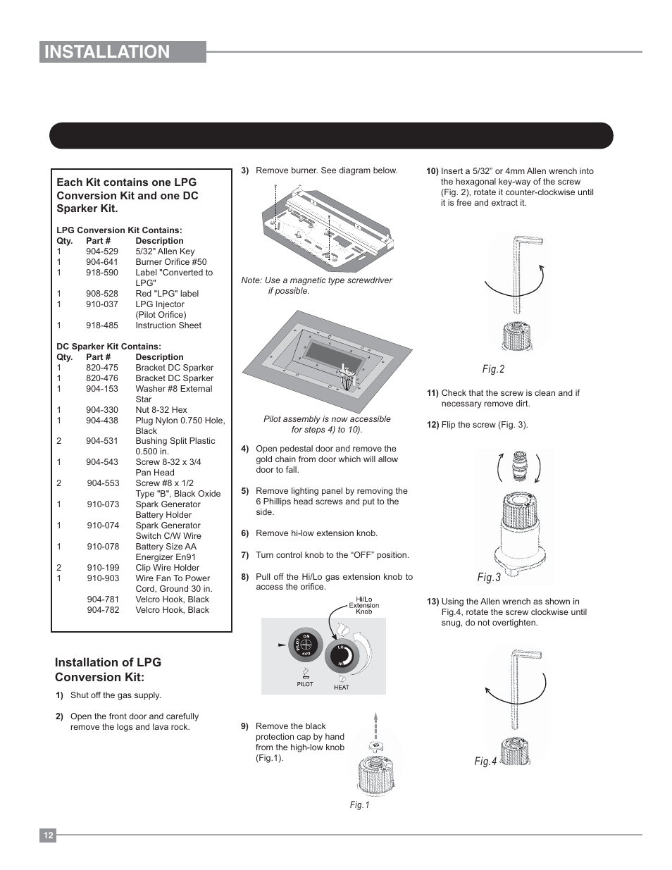 Installation, Installation of lpg conversion kit, Fig.4 | Fig.3 | Regency Ultimate U38 Medium Gas Stove User Manual | Page 12 / 36