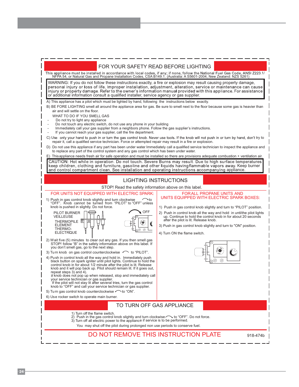 Operating instructions, Copy of the lighting plate instructions, Do not remove this instruction plate | For your safety read before lighting, Lighting instructions to turn off gas appliance | Regency Ultimate U38 Medium Gas Stove User Manual | Page 24 / 36