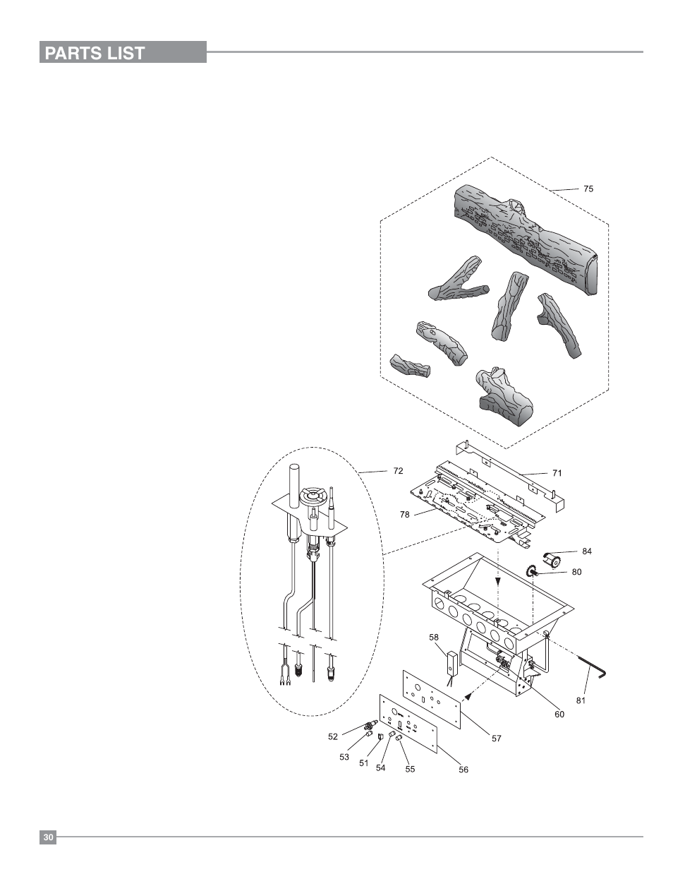 Parts list, U38-1 burner & log assembly | Regency Ultimate U38 Medium Gas Stove User Manual | Page 30 / 36