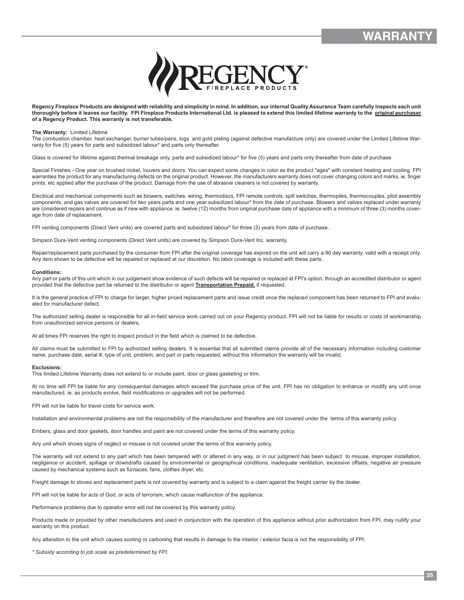 Warranty | Regency Ultimate U38 Medium Gas Stove User Manual | Page 35 / 36