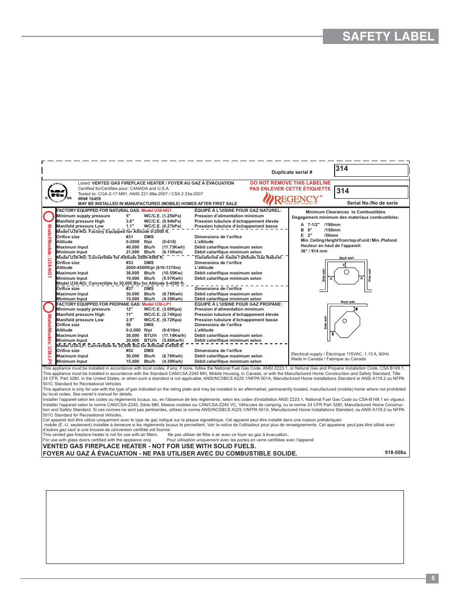 Safety label | Regency Ultimate U38 Medium Gas Stove User Manual | Page 5 / 36