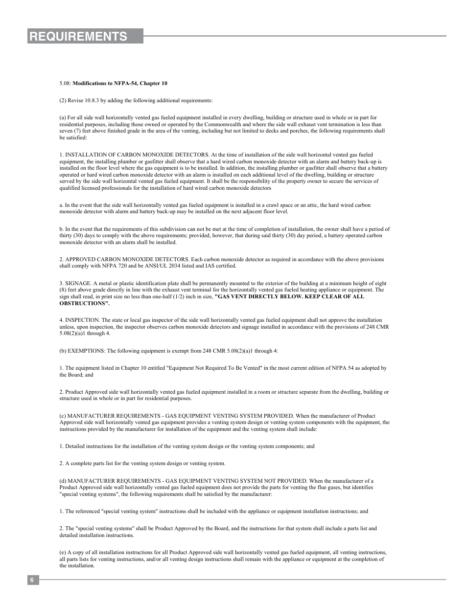 Requirements, Ma code - co detector | Regency Ultimate U38 Medium Gas Stove User Manual | Page 6 / 36