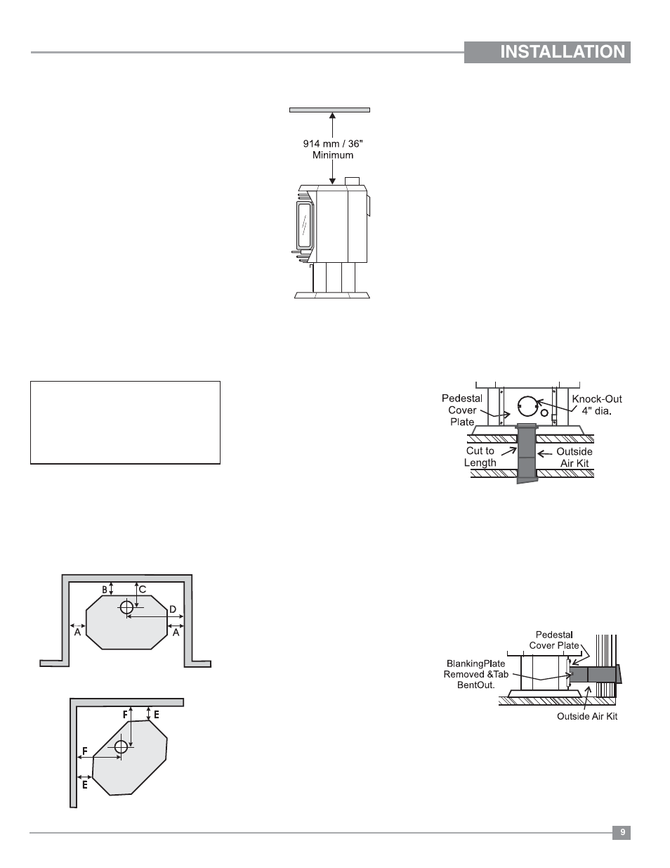 Installation, Optional outside air, Clearances to combustibles | Regency Ultimate U38 Medium Gas Stove User Manual | Page 9 / 36