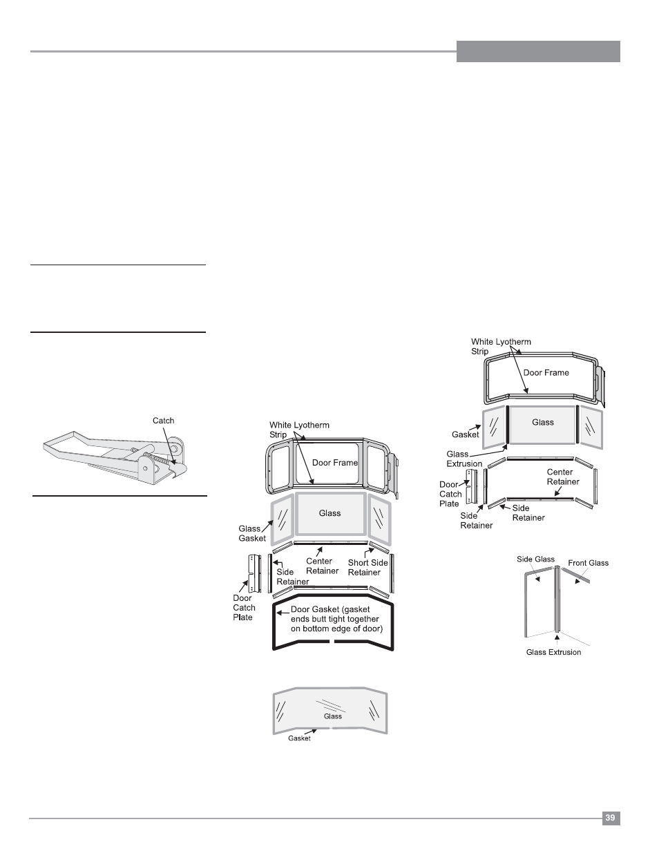 Maintenance, Log replacement, Door gasket | Latch adjustment, Glass replacement | Regency Ultimate U39 Medium Gas Stove User Manual | Page 39 / 48