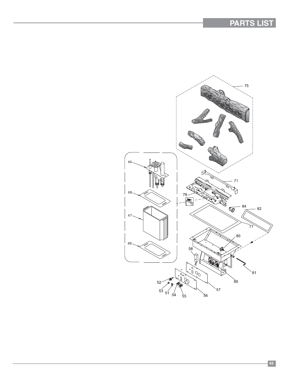 Parts list, Burner & log assembly | Regency Ultimate U39 Medium Gas Stove User Manual | Page 43 / 48