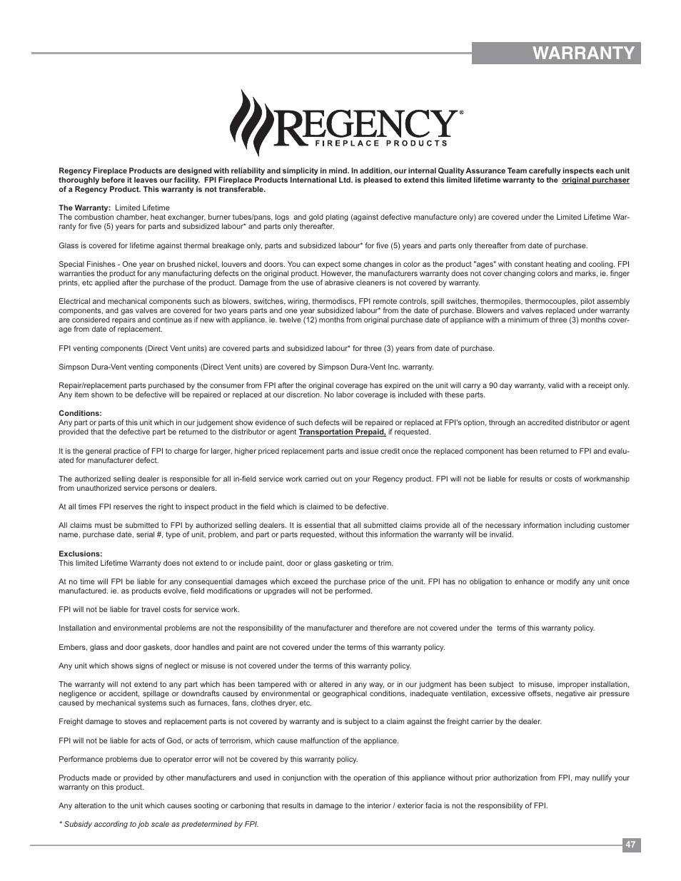 Warranty | Regency Ultimate U39 Medium Gas Stove User Manual | Page 47 / 48