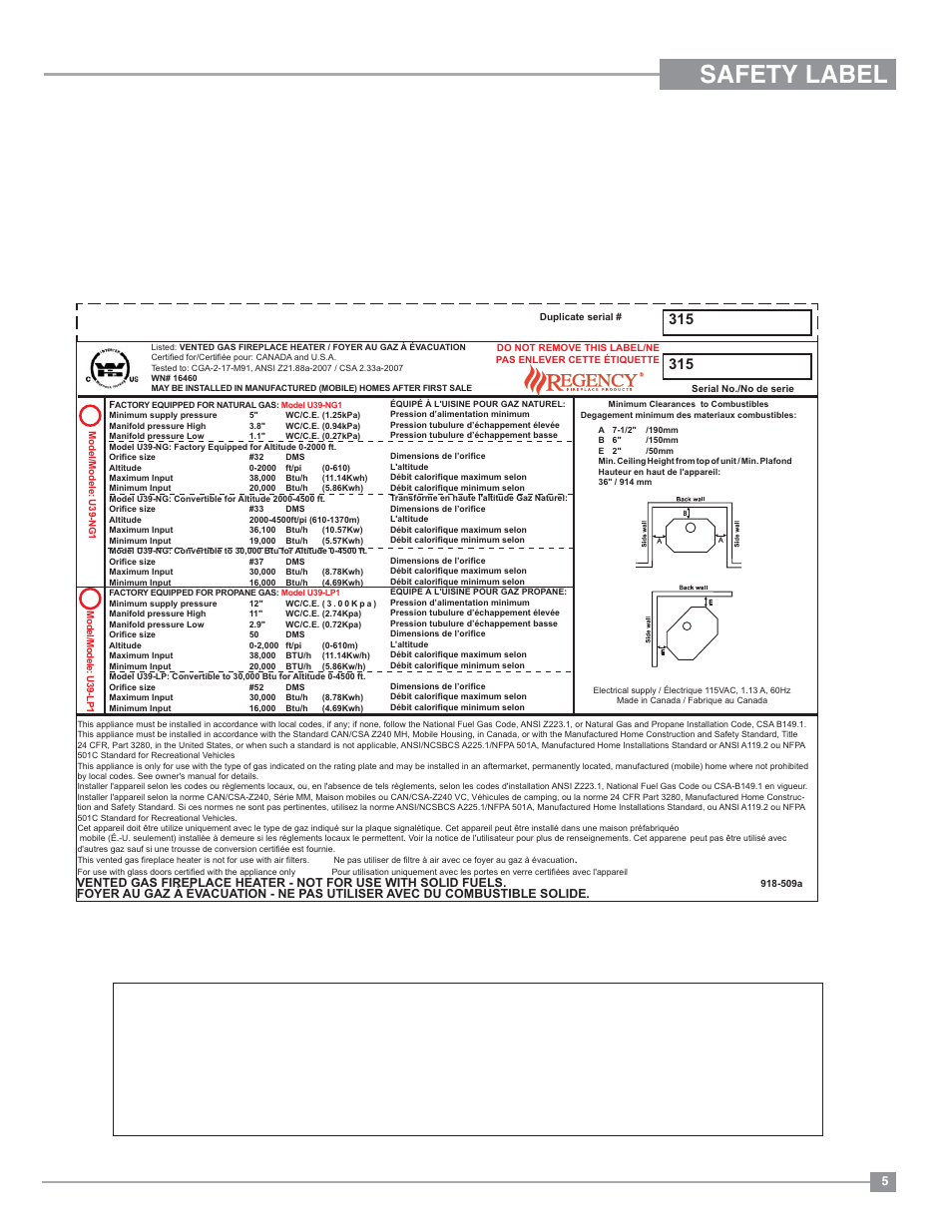 Safety label, Copy of safety label for u39 gas stove, Regency | U39 ultimate direct vent freestanding gas stove | Regency Ultimate U39 Medium Gas Stove User Manual | Page 5 / 48