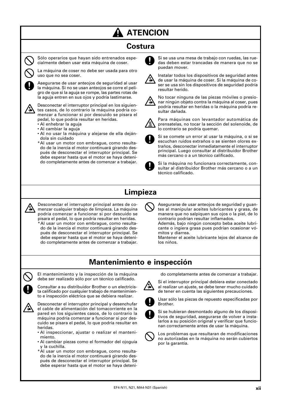 Atencion, Costura limpieza, Mantenimiento e inspección | Brother EF4-N11 User Manual | Page 13 / 54