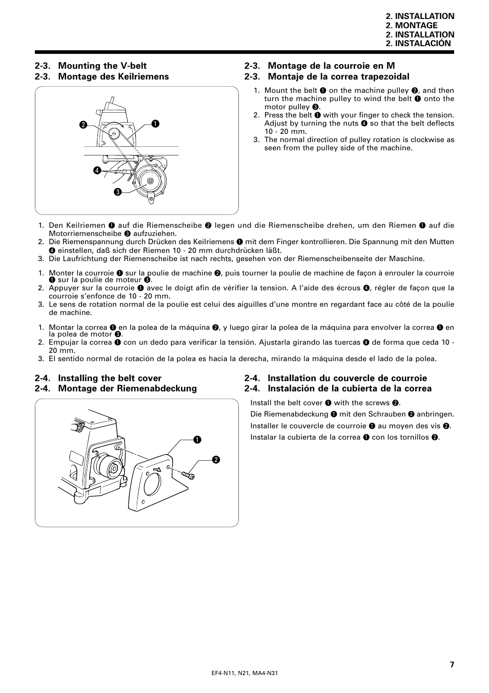 3. mounting the v-belt, 4. installing the belt cover, 3. montage des keilriemens | 4. montage der riemenabdeckung, 3. montage de la courroie en m, 4. installation du couvercle de courroie, 3. montaje de la correa trapezoidal, 4. instalación de la cubierta de la correa | Brother EF4-N11 User Manual | Page 24 / 54
