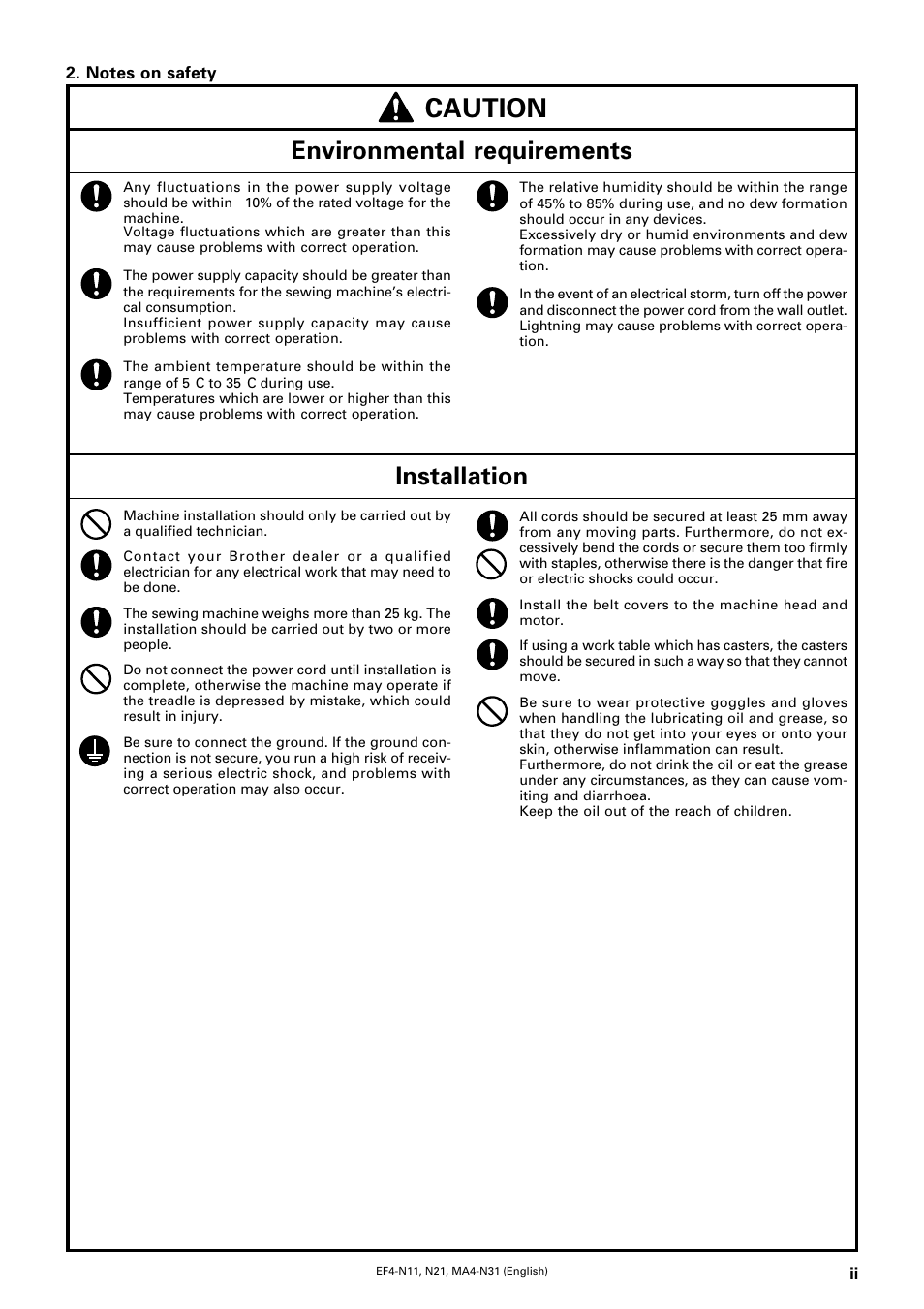 Caution, Environmental requirements, Installation | Brother EF4-N11 User Manual | Page 3 / 54