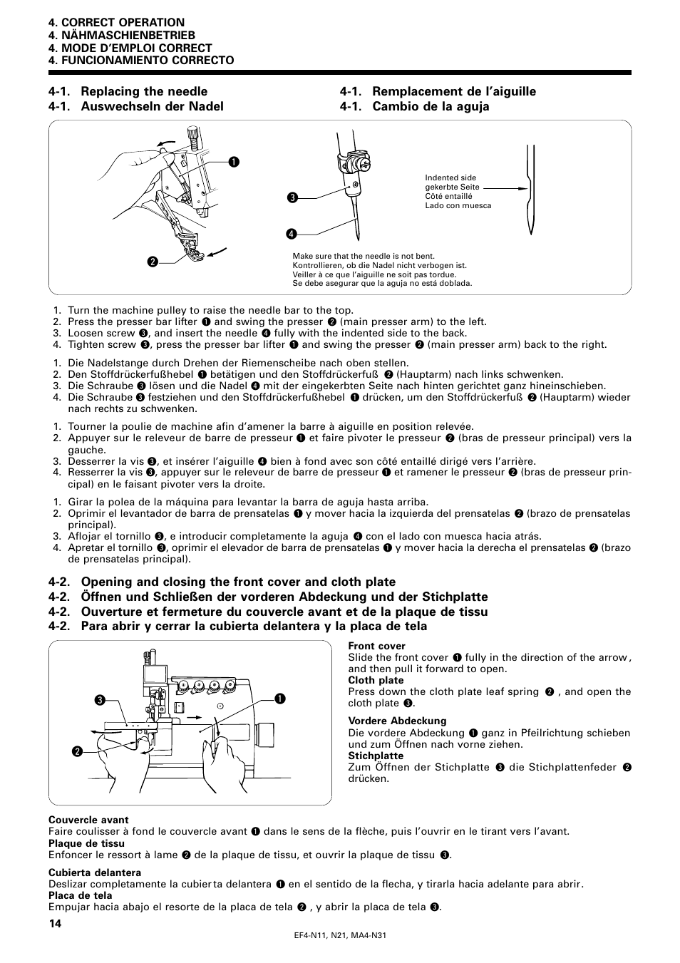 1. replacing the needle, 1. auswechseln der nadel, 1. remplacement de l’aiguille | 1. cambio de la aguja | Brother EF4-N11 User Manual | Page 31 / 54