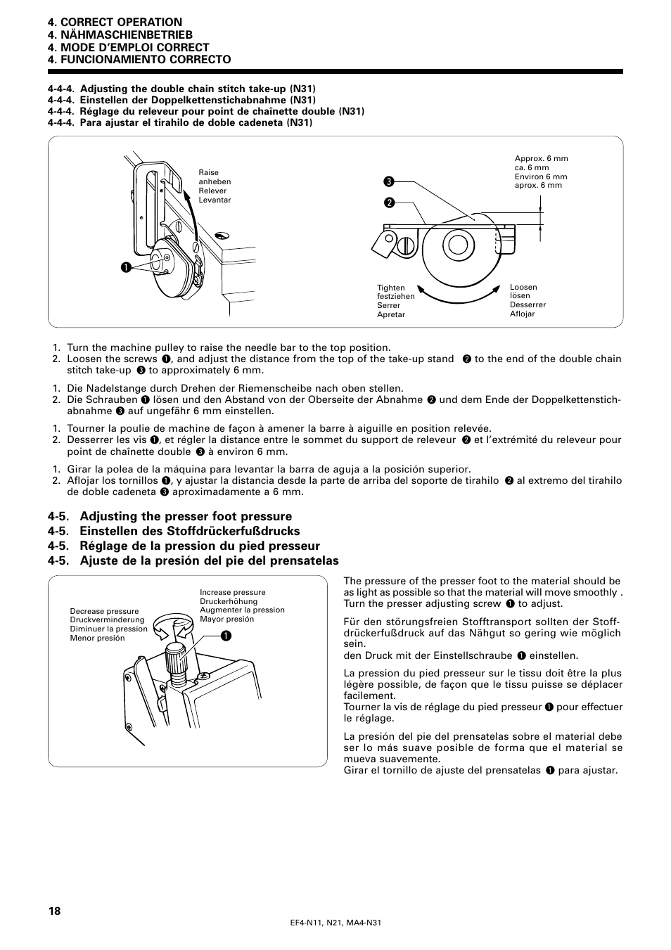 5. adjusting the presser foot pressure, 5. einstellen des stoffdrückerfußdrucks, 5. réglage de la pression du pied presseur | 5. ajuste de la presión del pie del prensatelas | Brother EF4-N11 User Manual | Page 35 / 54