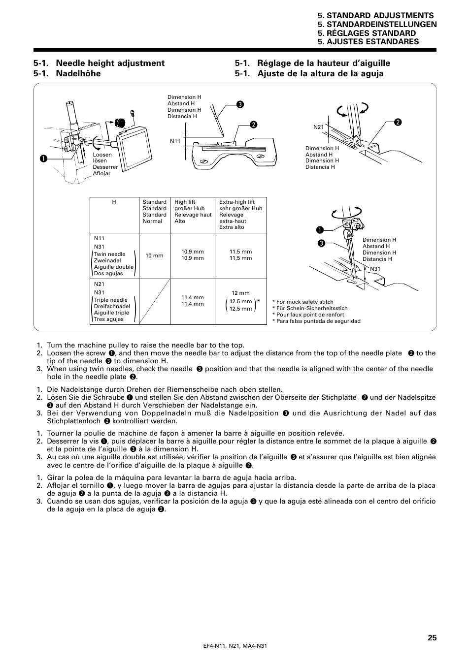 1. needle height adjustment, 1. nadelhöhe, 1. réglage de la hauteur d’aiguille | 1. ajuste de la altura de la aguja | Brother EF4-N11 User Manual | Page 42 / 54