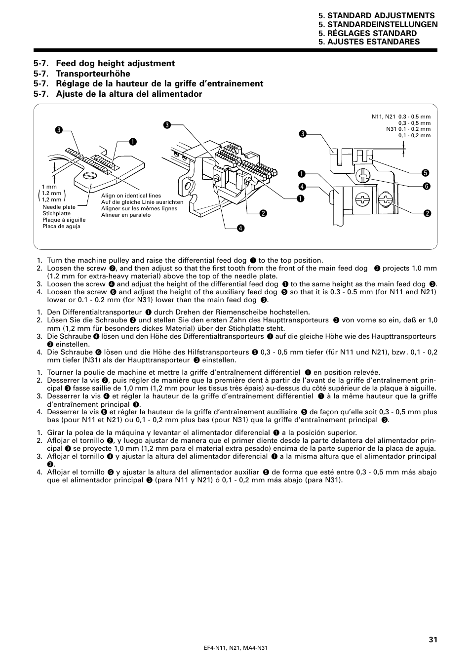 7. feed dog height adjustment, 7. transporteurhöhe, 7. ajuste de la altura del alimentador | Brother EF4-N11 User Manual | Page 48 / 54