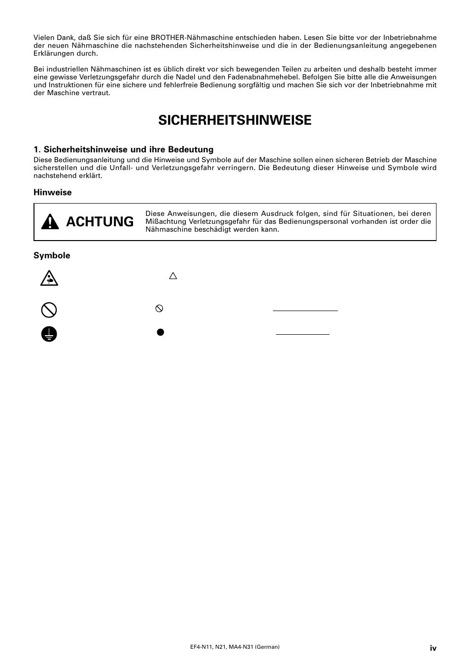 Sicherheitshinweise, Achtung | Brother EF4-N11 User Manual | Page 5 / 54