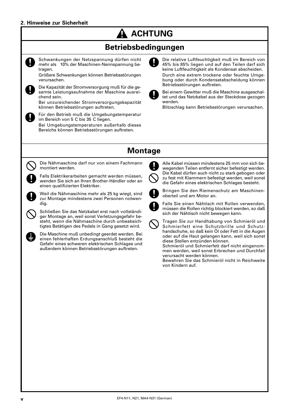 Achtung, Betriebsbedingungen, Montage | Brother EF4-N11 User Manual | Page 6 / 54