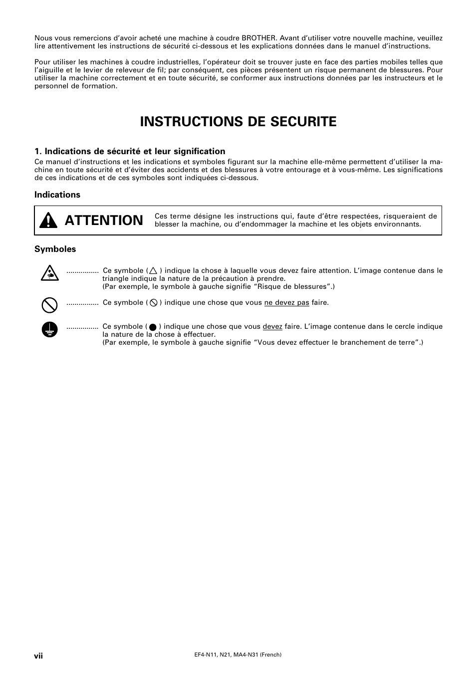 Instructions de securite, Attention | Brother EF4-N11 User Manual | Page 8 / 54