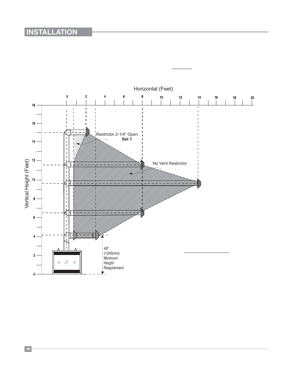 Installation, Vertical height (feet) horizontal (feet), Venting arrangements for horizontal terminations | Regency Bellavista B36XT Medium Gas Fireplace User Manual | Page 28 / 68