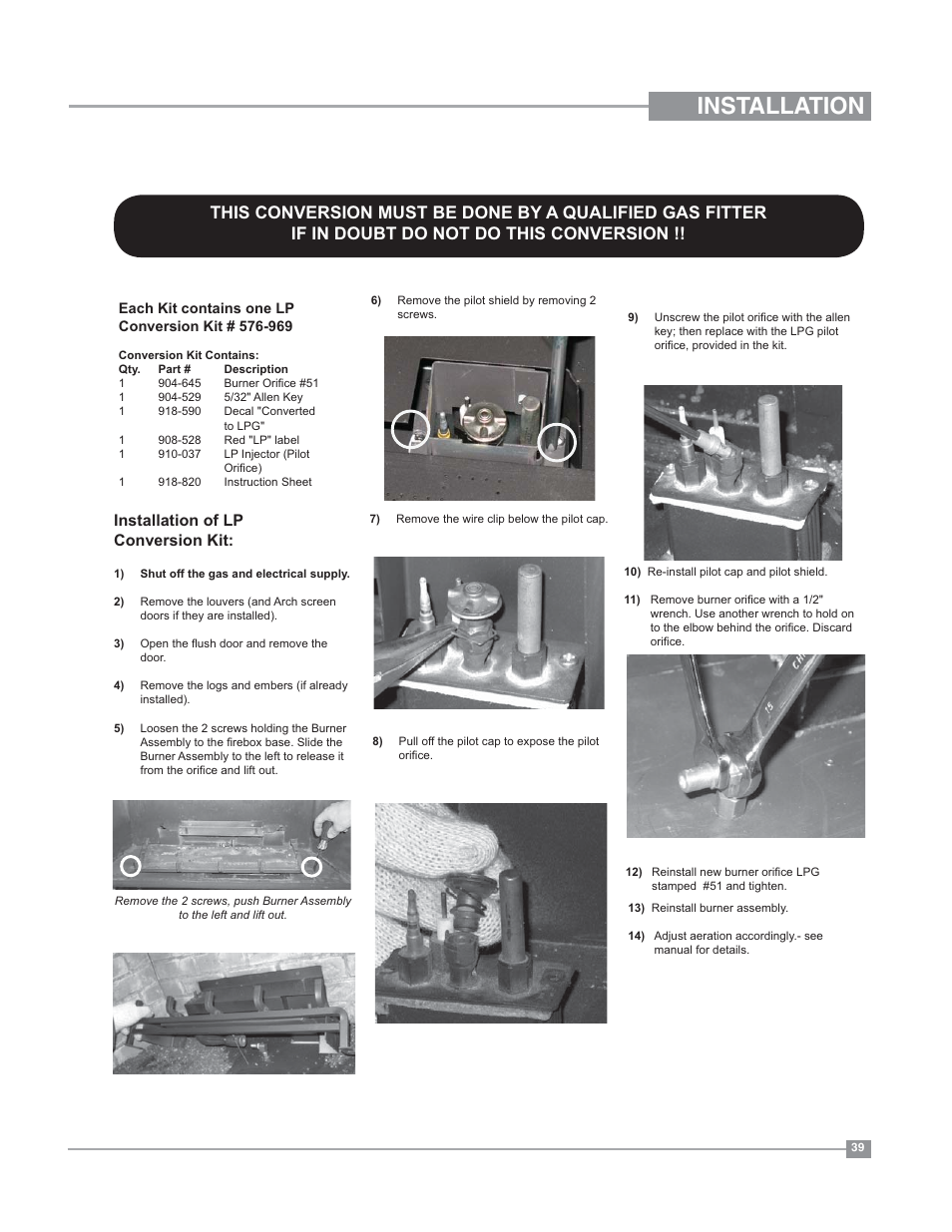 Installation, Installation of lp conversion kit | Regency Bellavista B36XT Medium Gas Fireplace User Manual | Page 39 / 68