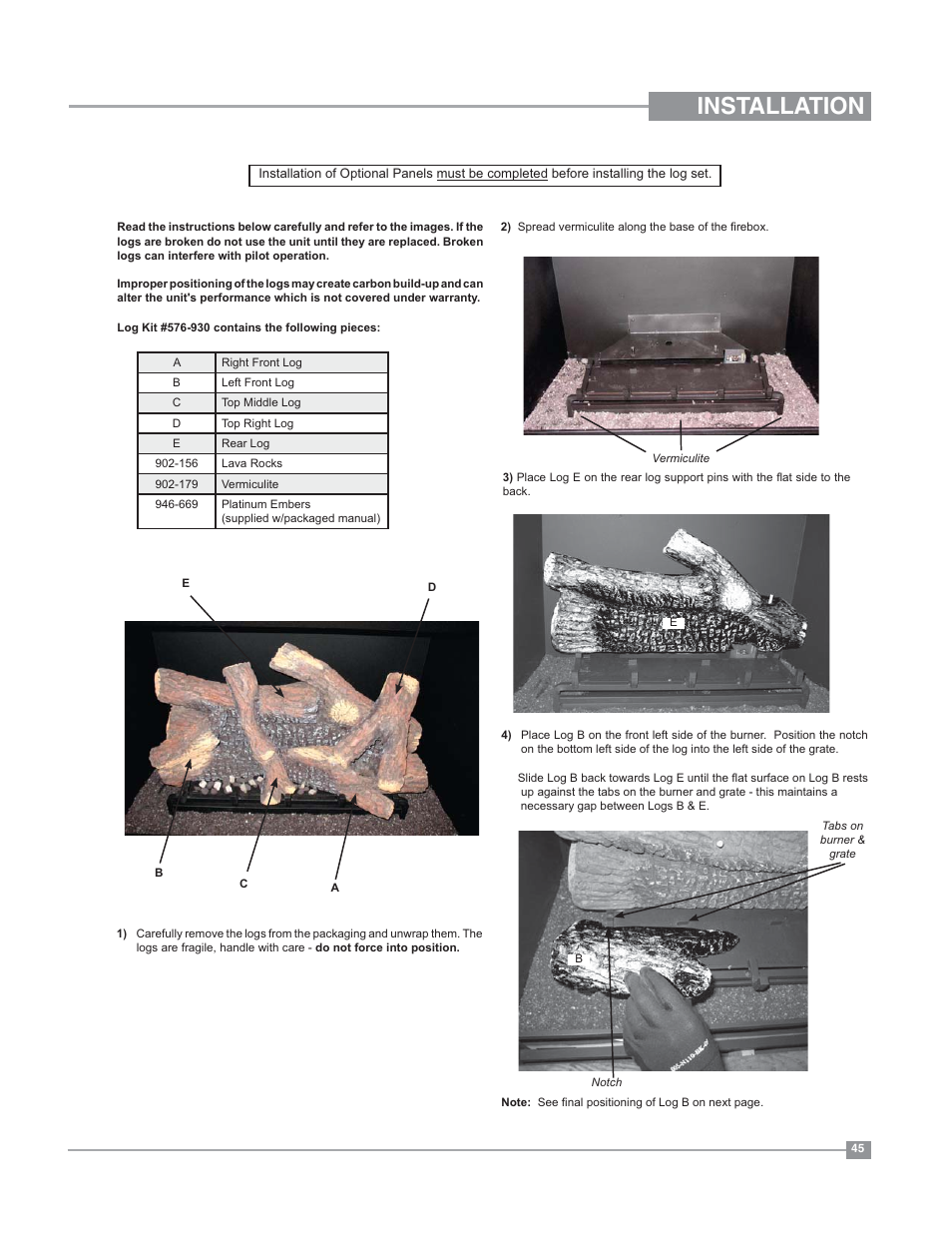 Installation, Log set installation | Regency Bellavista B36XT Medium Gas Fireplace User Manual | Page 45 / 68