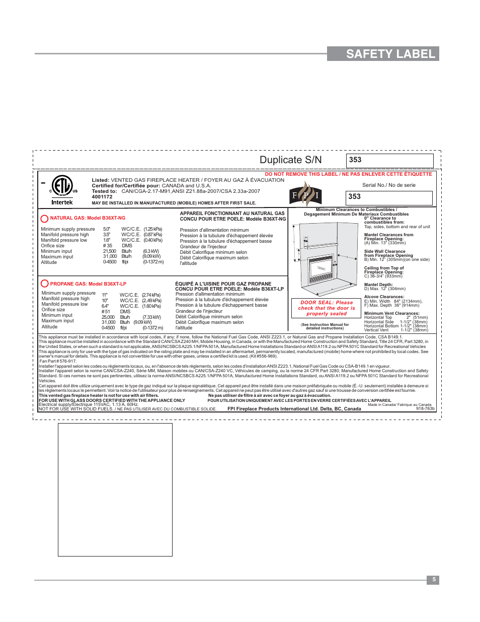 Safety label, Duplicate s/n, Copy of safety decal | Regency Bellavista B36XT Medium Gas Fireplace User Manual | Page 5 / 68