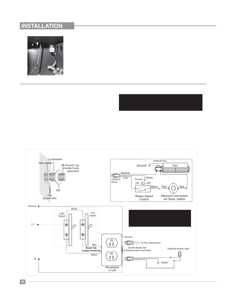 Installation, Wiring diagram aeration adjustment, Line voltage wiring to receptacle in unit | Regency Bellavista B36XT Medium Gas Fireplace User Manual | Page 50 / 68