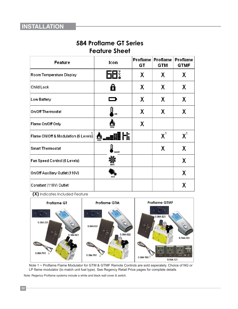 584 proflame gt series feature sheet, Installation | Regency Bellavista B36XT Medium Gas Fireplace User Manual | Page 52 / 68
