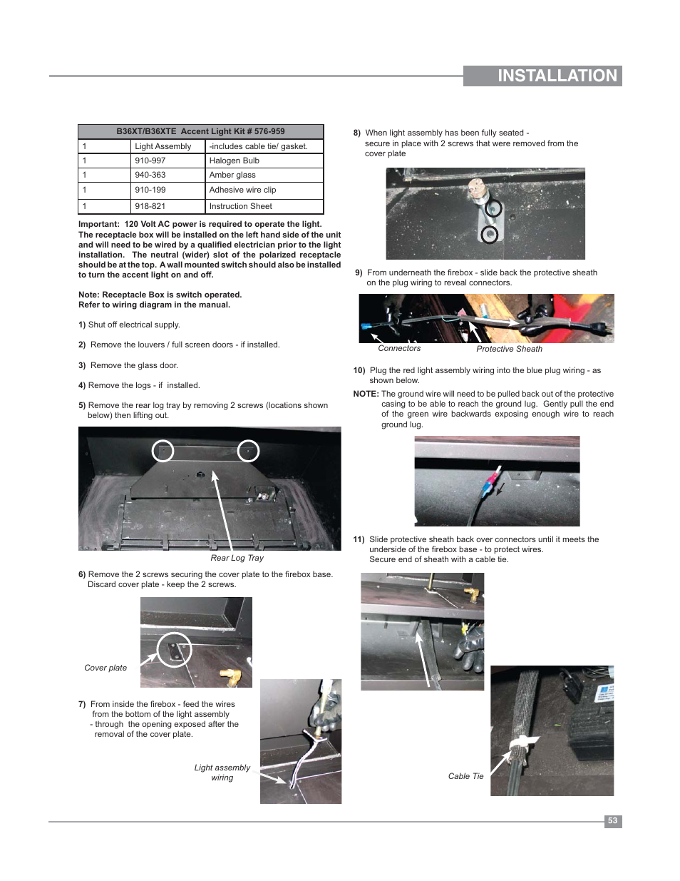 Installation, Optional accent light installation | Regency Bellavista B36XT Medium Gas Fireplace User Manual | Page 53 / 68