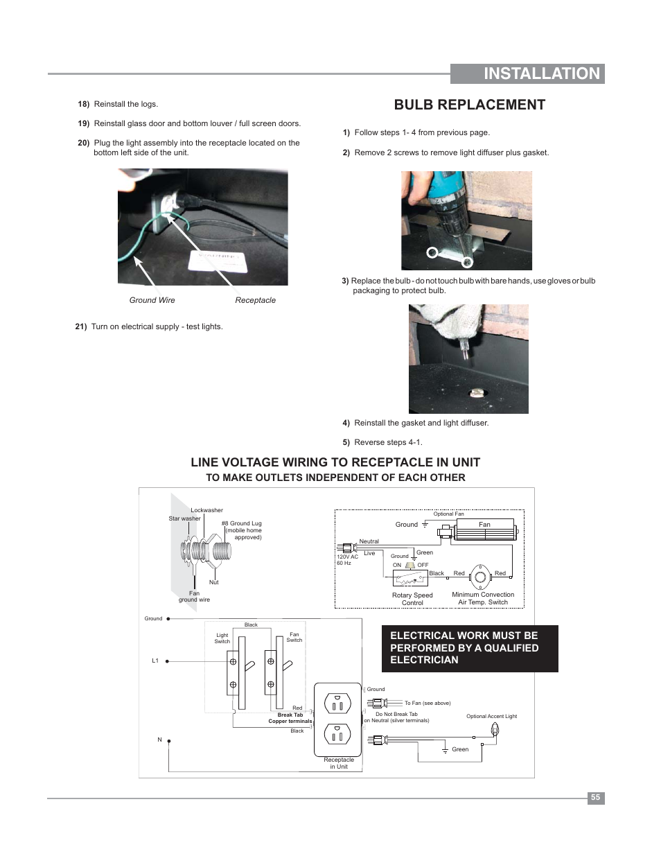 Installation, Bulb replacement, Line voltage wiring to receptacle in unit | Regency Bellavista B36XT Medium Gas Fireplace User Manual | Page 55 / 68