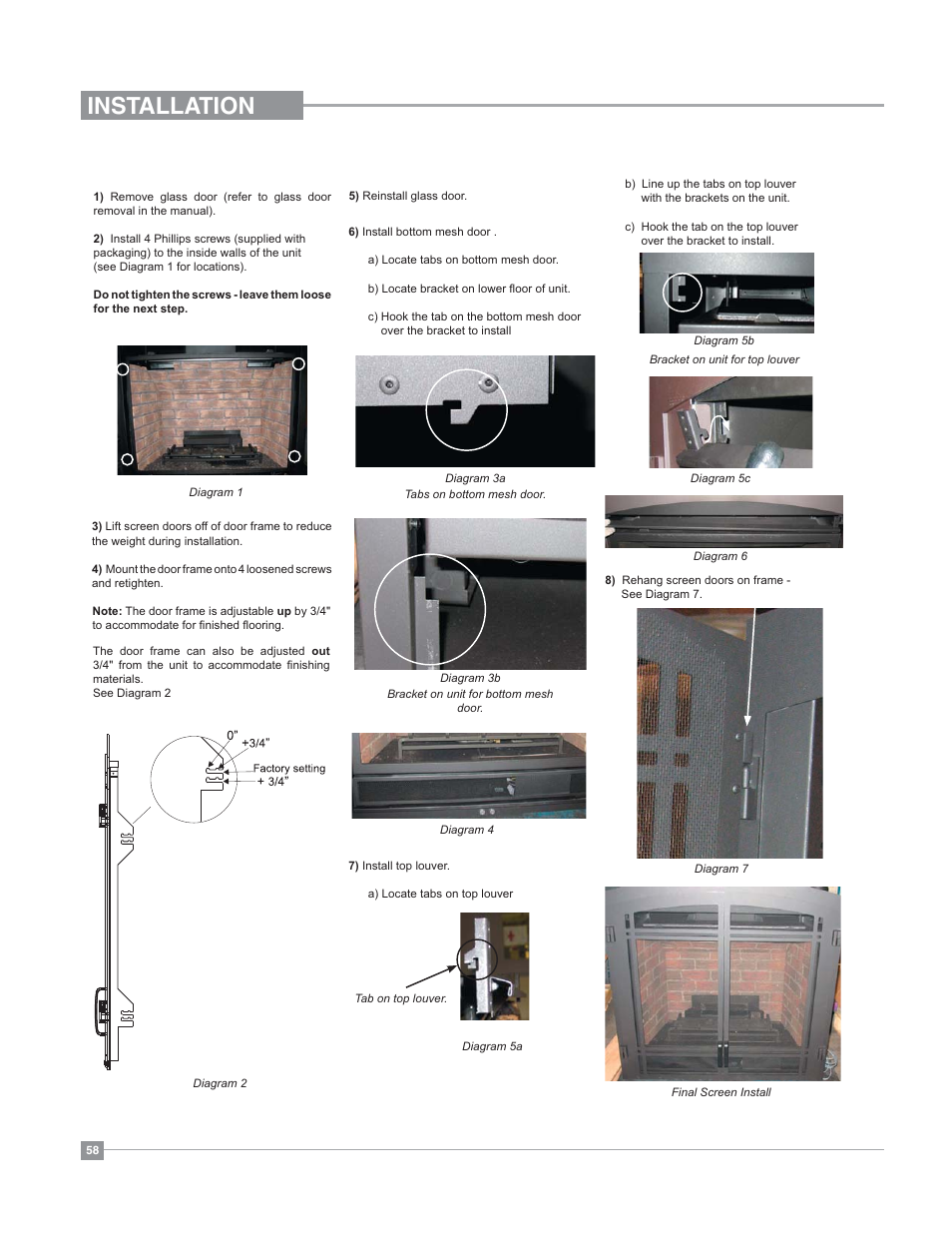 Installation, Full screen arch door and frame installation | Regency Bellavista B36XT Medium Gas Fireplace User Manual | Page 58 / 68