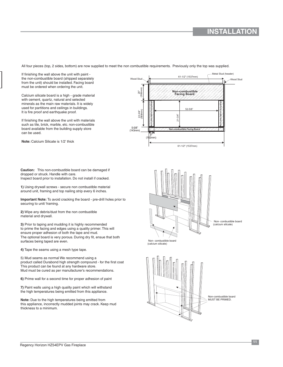 Installation, Non-combustible facing board, Non combustible facing installation | Regency Horizon HZ54EPV Large Gas Fireplace User Manual | Page 11 / 60