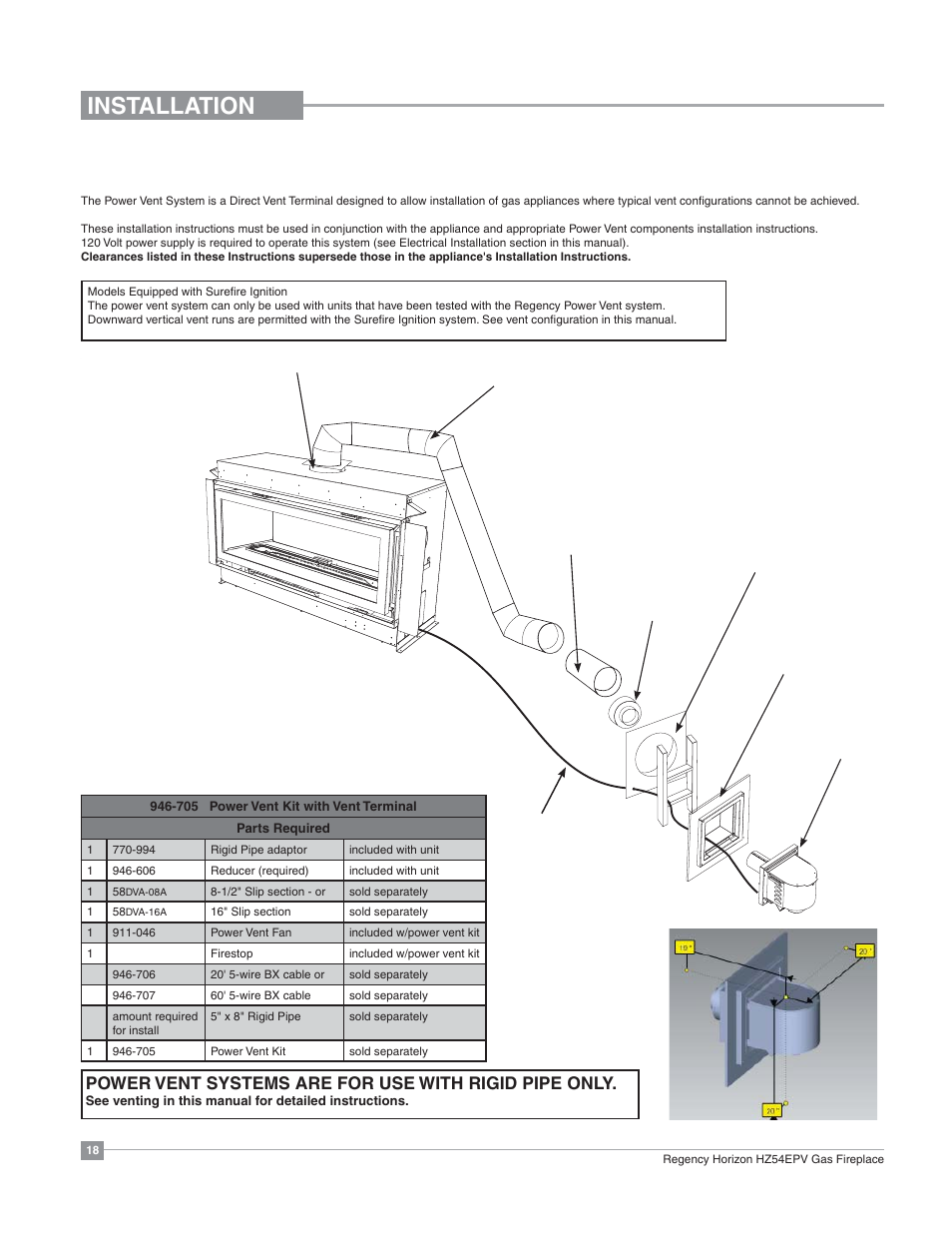 Installation, Gas power vent installation, Rigid pipe only | Regency Horizon HZ54EPV Large Gas Fireplace User Manual | Page 18 / 60