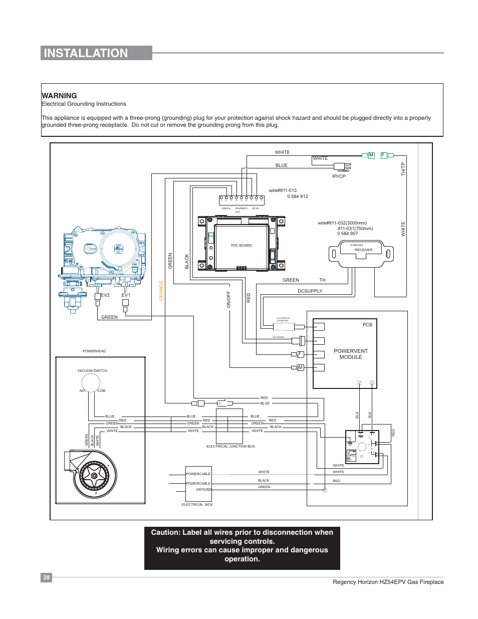 Installation, Power vent wiring diagram, 28 regency horizon hz54epv gas fireplace | Regency Horizon HZ54EPV Large Gas Fireplace User Manual | Page 28 / 60