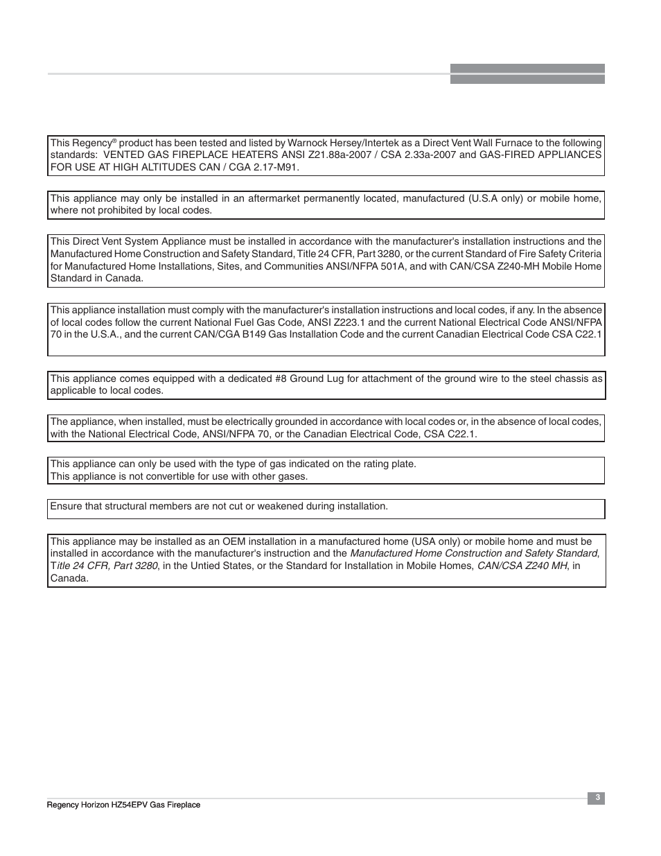 Manufactured mobile home requirements | Regency Horizon HZ54EPV Large Gas Fireplace User Manual | Page 3 / 60