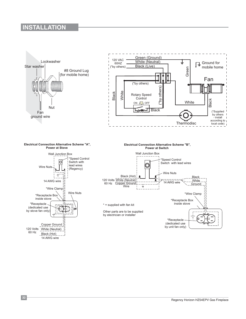 Installation, Optional fan wiring diagram, Without proflame gtmf system | Regency Horizon HZ54EPV Large Gas Fireplace User Manual | Page 32 / 60