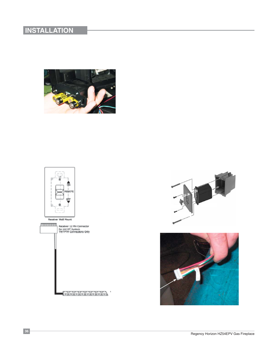 Installation, Battery installation, Gt remote installation | Regency Horizon HZ54EPV Large Gas Fireplace User Manual | Page 36 / 60