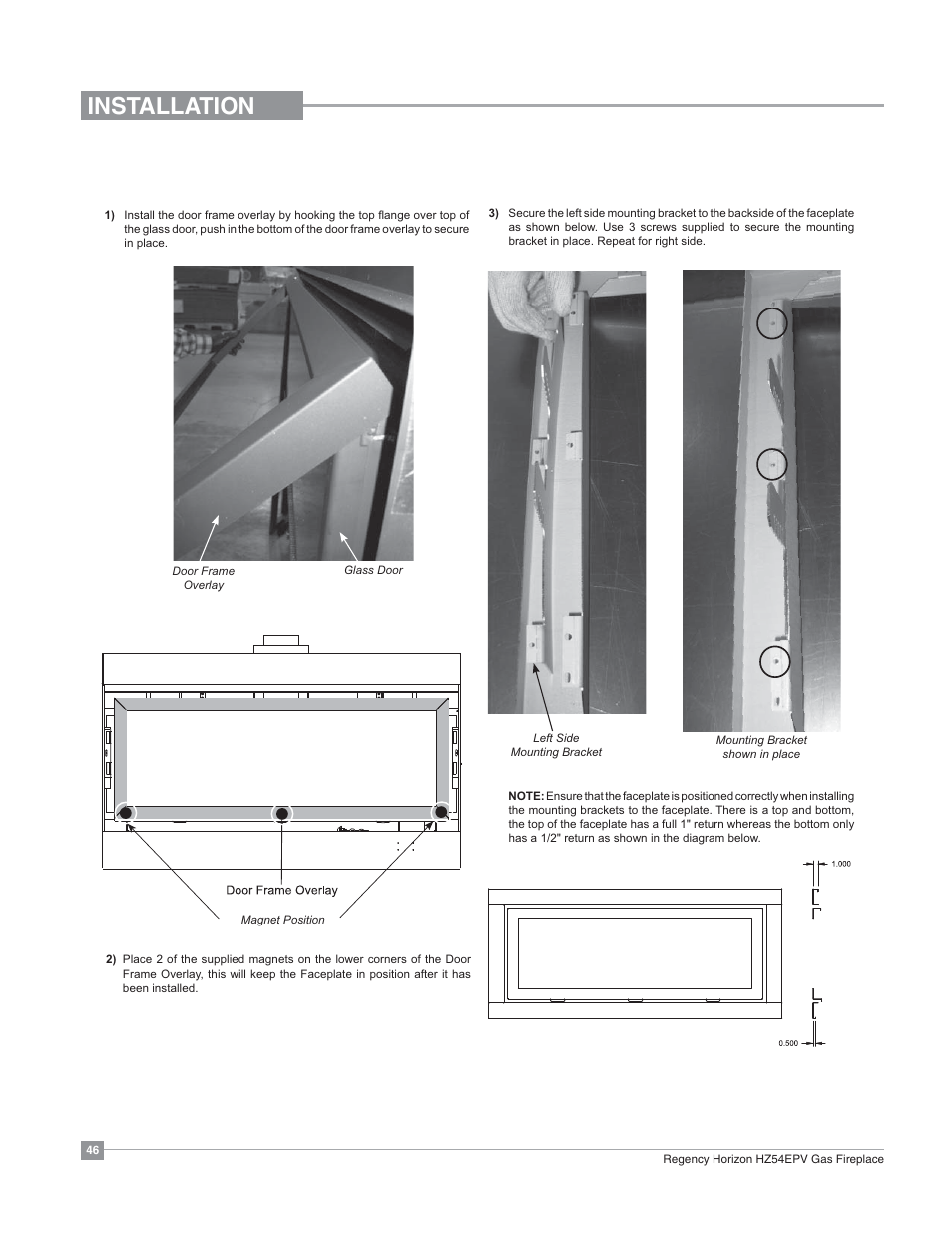 Installation, Faceplate & door frame overlay installation | Regency Horizon HZ54EPV Large Gas Fireplace User Manual | Page 46 / 60