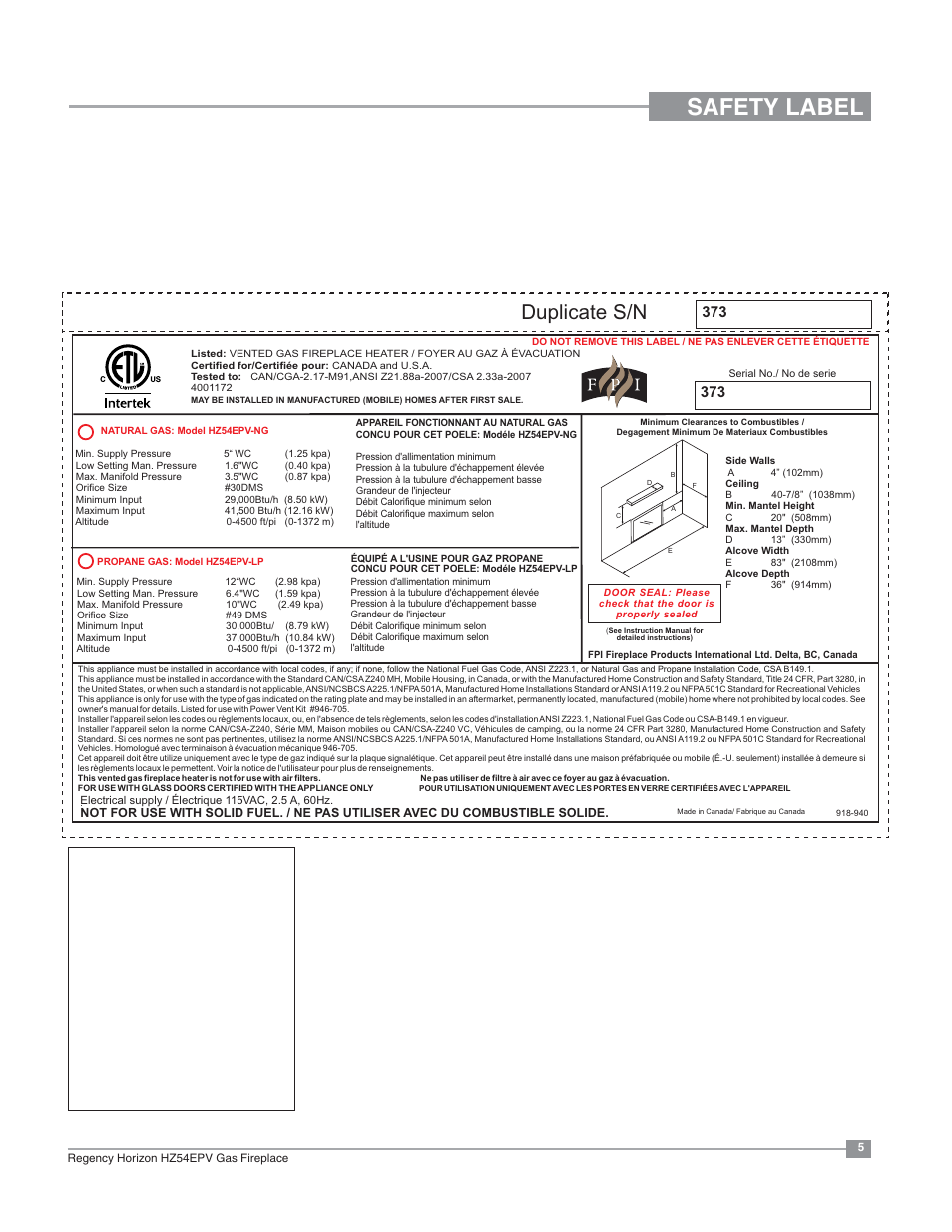 Safety label, Duplicate s/n | Regency Horizon HZ54EPV Large Gas Fireplace User Manual | Page 5 / 60