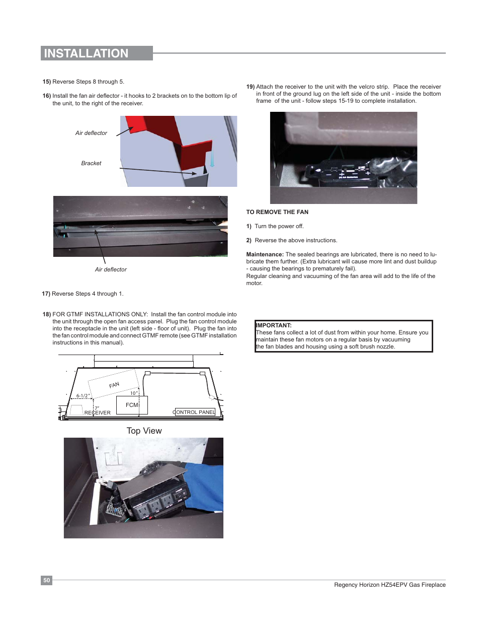 Installation, Top view | Regency Horizon HZ54EPV Large Gas Fireplace User Manual | Page 50 / 60