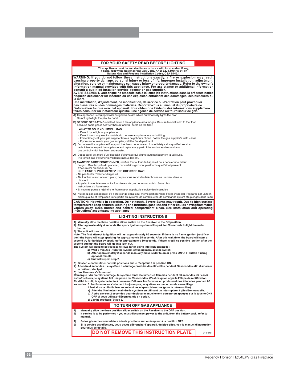 Operating instructions, Copy of lighting plate instructions, Do not remove this instruction plate | Regency Horizon HZ54EPV Large Gas Fireplace User Manual | Page 52 / 60