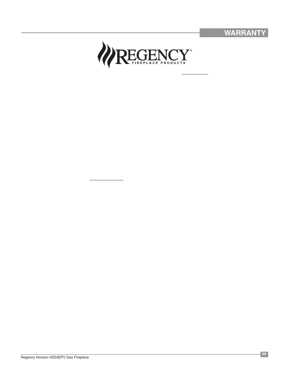 Warranty | Regency Horizon HZ54EPV Large Gas Fireplace User Manual | Page 59 / 60