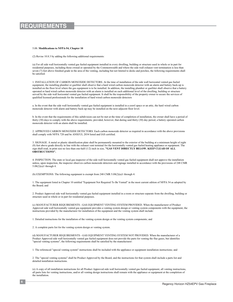 Requirements, Ma code - co detector | Regency Horizon HZ54EPV Large Gas Fireplace User Manual | Page 6 / 60