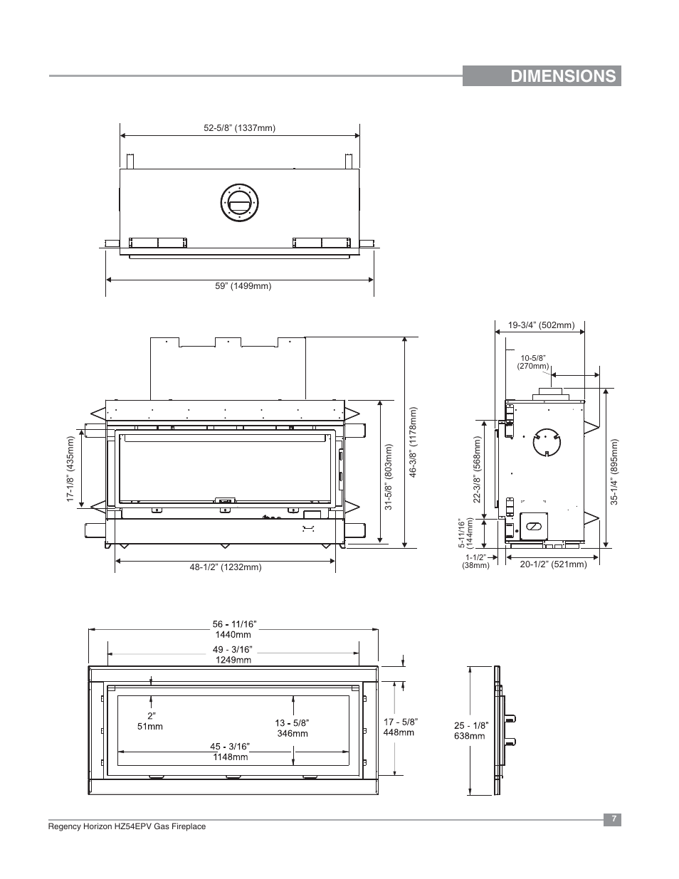 Dimensions | Regency Horizon HZ54EPV Large Gas Fireplace User Manual | Page 7 / 60